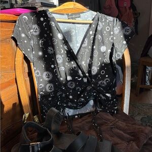Black Celestial Print Wrap Top